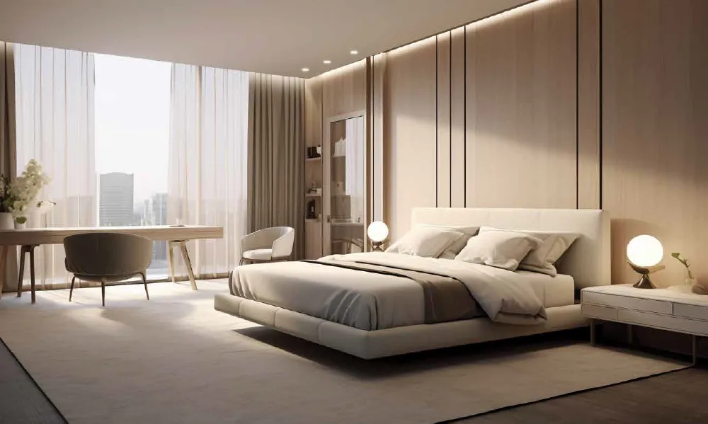 2 BHK bedroom at Raheja Marques with a study nook and full-height windows onto the city