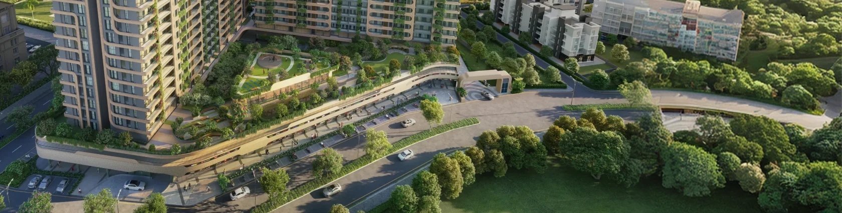 Aerial view of Raheja Marques and its landscaped podium in Deonar, Chembur