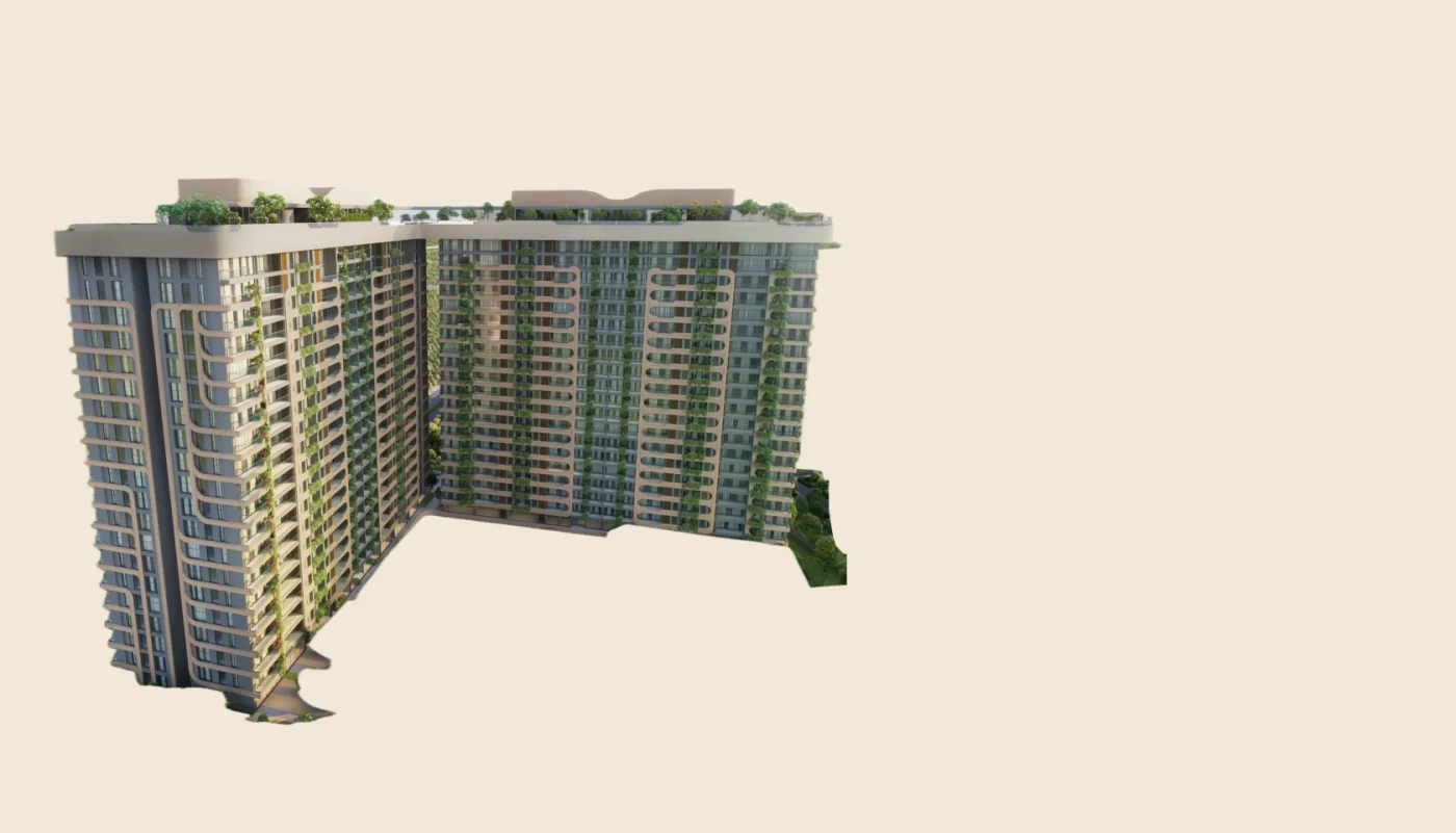 Raheja Marques residential tower with timber-toned fins and cascading greenery
