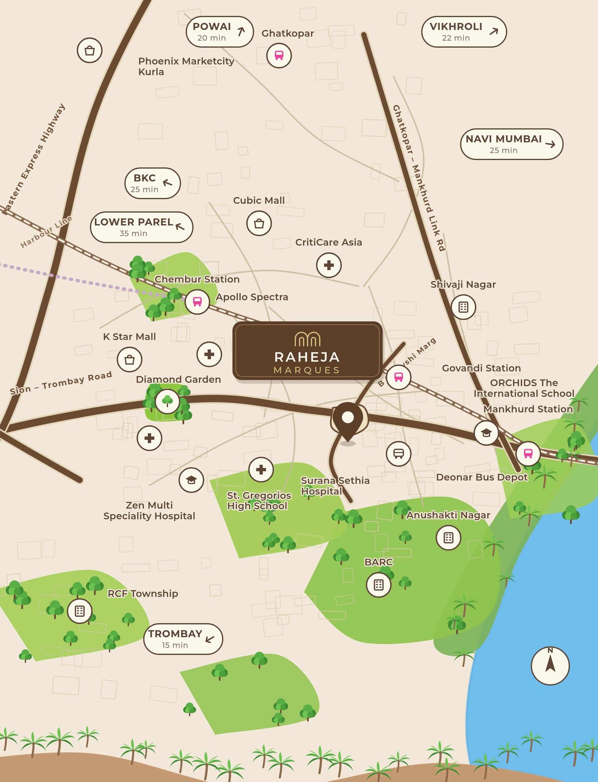 Illustrated map of Deonar, Chembur showing Raheja Marques and nearby landmarks — the Sion–Trombay Road and Eastern Express Highway, Govandi, Chembur and Mankhurd stations, Phoenix Marketcity Kurla, schools, hospitals and Thane Creek