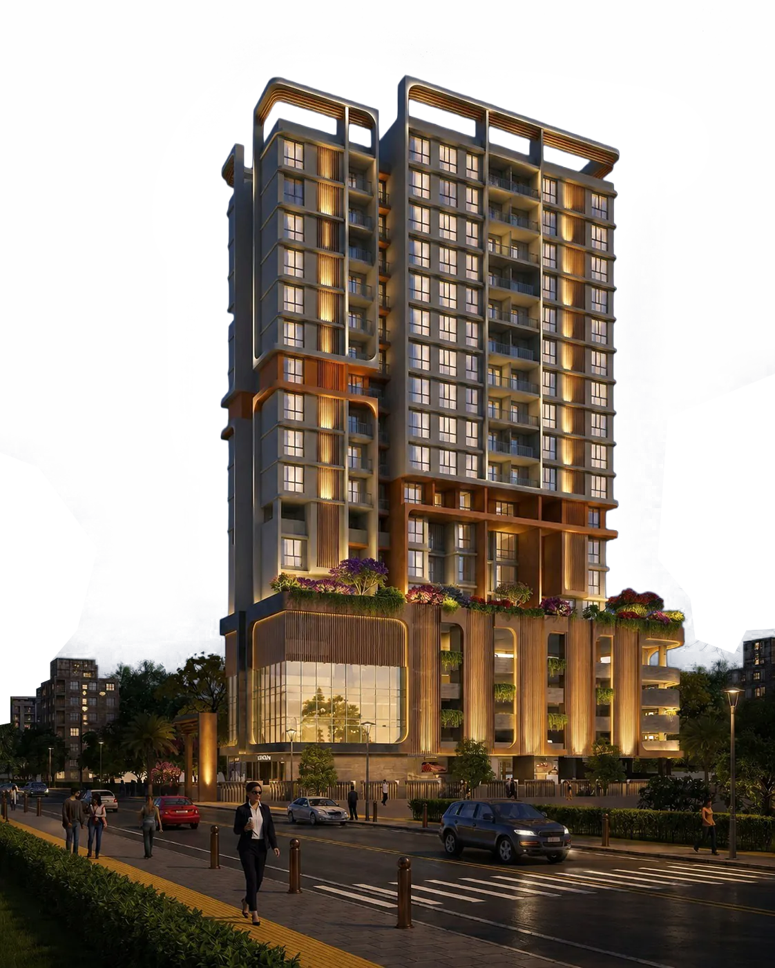 Night render of the Raheja Marques tower with lit timber-toned fins and a landscaped podium above the street