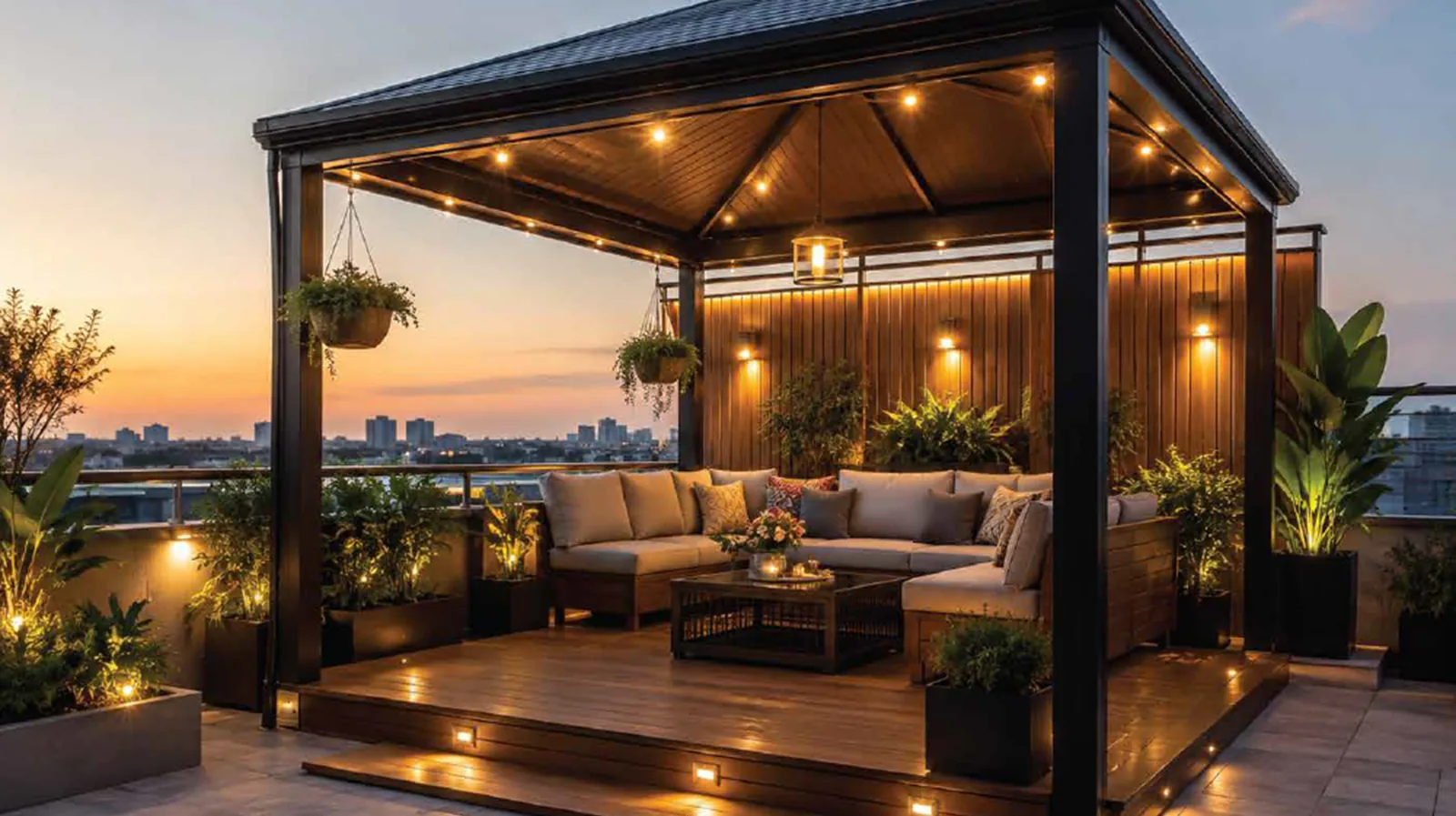 Landscaped rooftop lawn at Raheja Marques with a lit pavilion and lounge seating at sunset